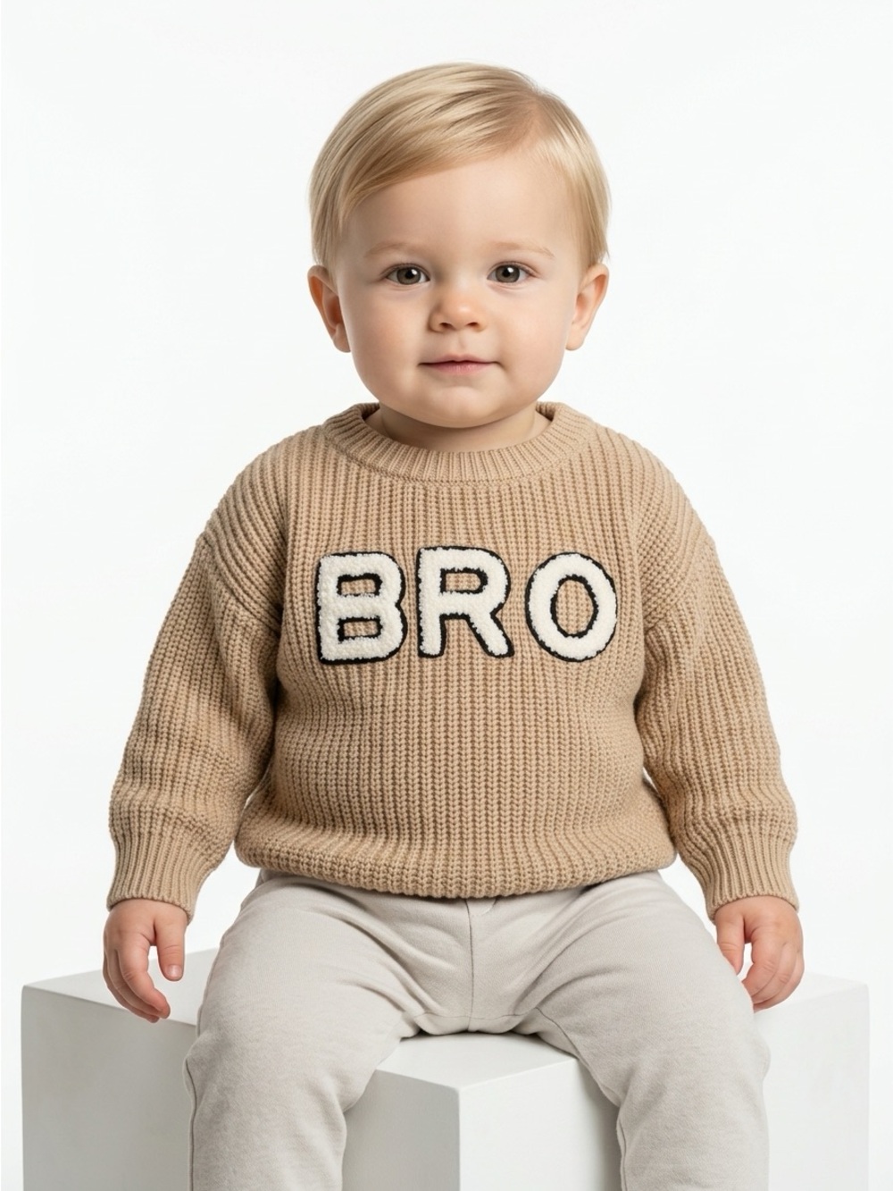 SpearmintLOVE BRO Graphic Knit Wool Sweater Beige 0-6M